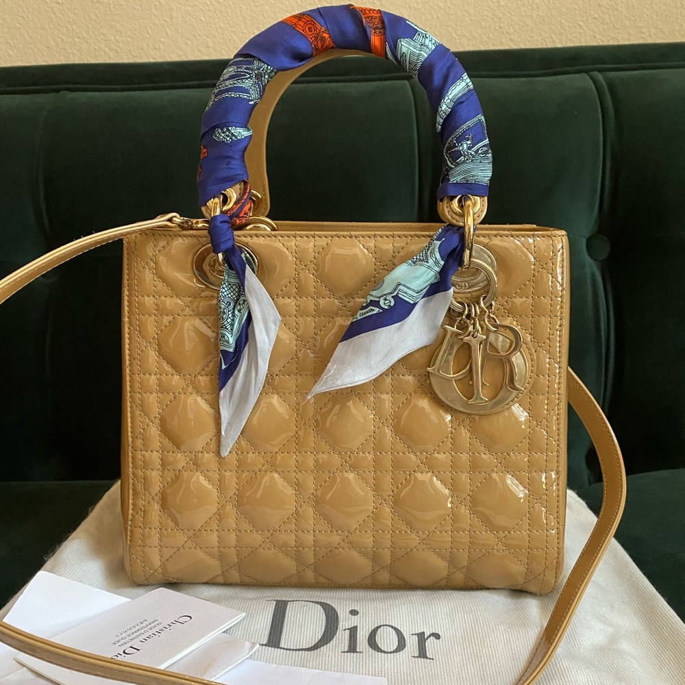 *SOLD* Lady Dior cannage quilted beige patent silver hardware Medium bag - Picture 1 of 16